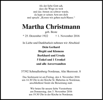Traueranzeige von Martha Christmann von Tageszeitung