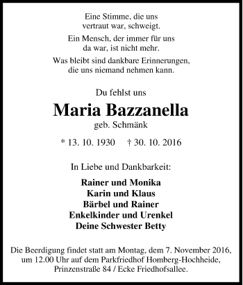 Traueranzeige von Maria Bazzanella von Tageszeitung