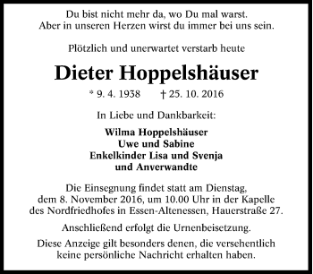 Traueranzeige von Dieter Hoppelshäuser von Tageszeitung