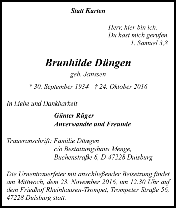 Traueranzeige von Brunhilde Düngen von Tageszeitung