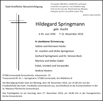 Traueranzeige von Hildegard Springmann von Tageszeitung