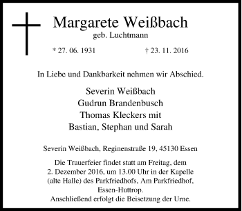Traueranzeige von Margarete Weißbach von Tageszeitung