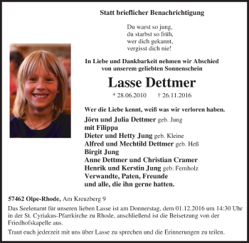 Traueranzeige von Lasse Dettmer von Tageszeitung
