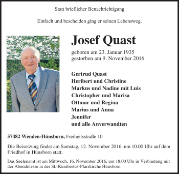 Traueranzeige von Josef Quast von Tageszeitung