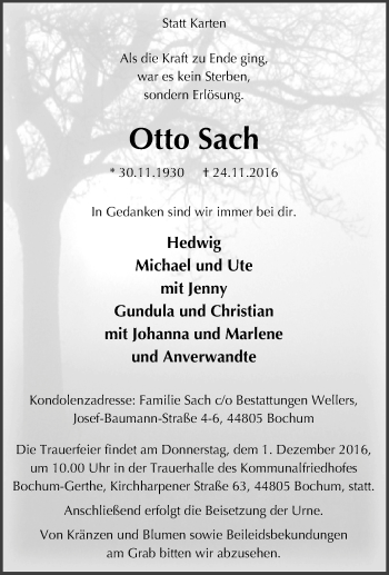 Traueranzeige von Otto Sach von Tageszeitung