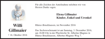 Traueranzeige von Willi Gillmaier von Tageszeitung