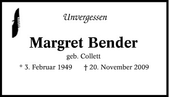 Traueranzeige von Margret Bender von Tageszeitung