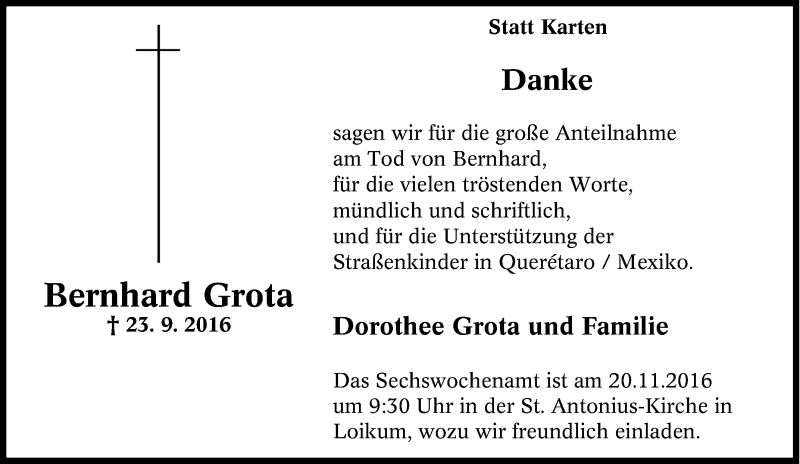  Traueranzeige für Bernhard Grota vom 17.11.2016 aus Tageszeitung