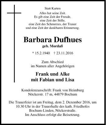 Traueranzeige von Barbara Dufhues von Tageszeitung