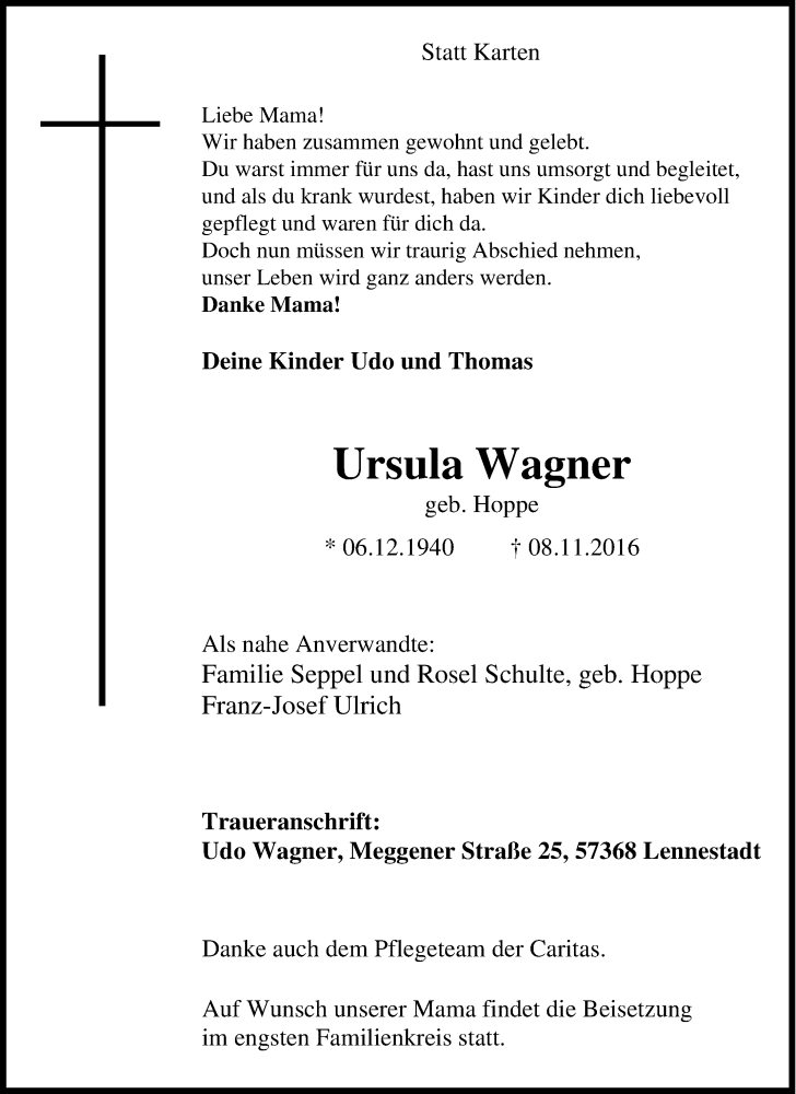  Traueranzeige für Ursula Wagner vom 12.11.2016 aus Tageszeitung