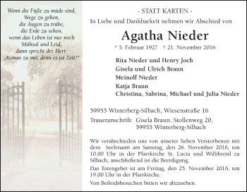 Traueranzeige von Agatha Nieder von Tageszeitung