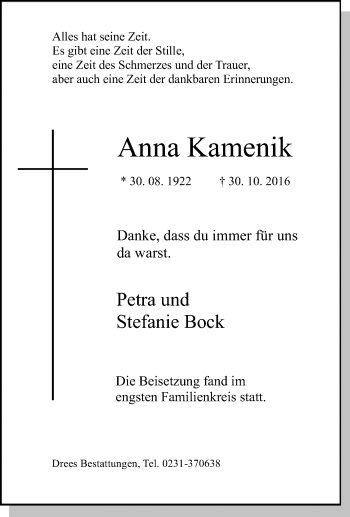 Traueranzeige von Anna Kamenik von Tageszeitung