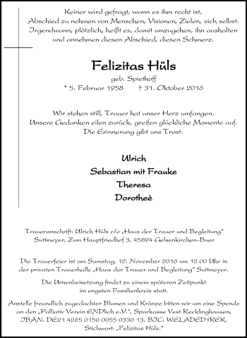 Traueranzeige von Felizitas Hüls von Tageszeitung