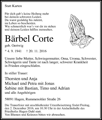 Traueranzeige von Bärbel Corte von Tageszeitung