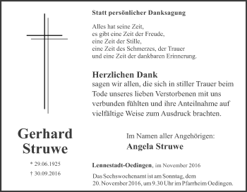 Traueranzeige von Gerhard Struwe von Tageszeitung