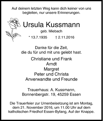 Traueranzeige von Ursula Kussmann von Tageszeitung
