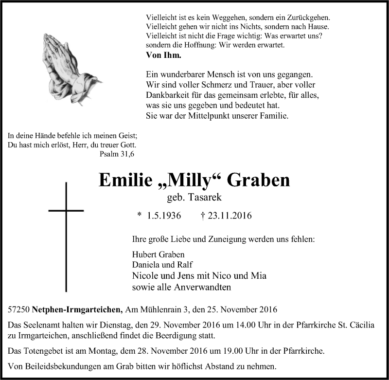  Traueranzeige für Emilie Graben vom 25.11.2016 aus Tageszeitung