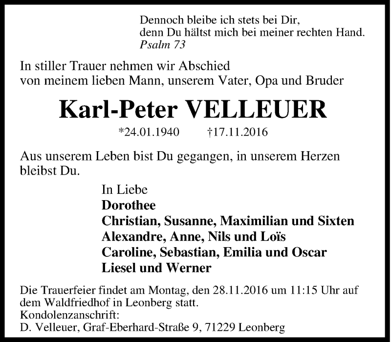  Traueranzeige für Karl-Peter Velleuer vom 23.11.2016 aus Tageszeitung