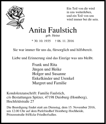 Traueranzeige von Anita Faulstich von Tageszeitung