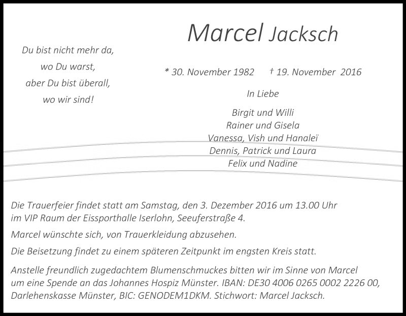  Traueranzeige für Marcel Jacksch vom 26.11.2016 aus Tageszeitung