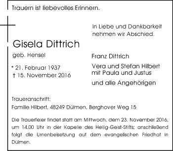 Traueranzeige von Gisela Dittrich von Tageszeitung