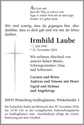 Traueranzeige von Irmhild Laube von Tageszeitung