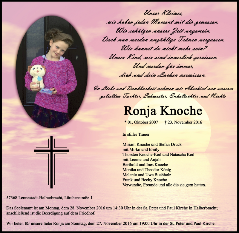  Traueranzeige für Ronja Knoche vom 25.11.2016 aus Tageszeitung