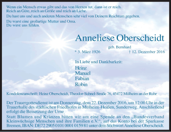 Traueranzeige von Anneliese Oberscheidt von Tageszeitung