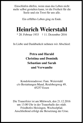 Traueranzeige von Heinrich Weierstahl von Tageszeitung