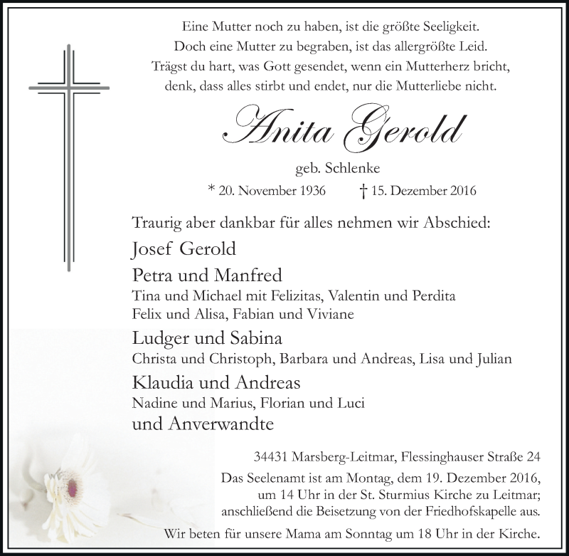  Traueranzeige für Anita Gerold vom 17.12.2016 aus Tageszeitung