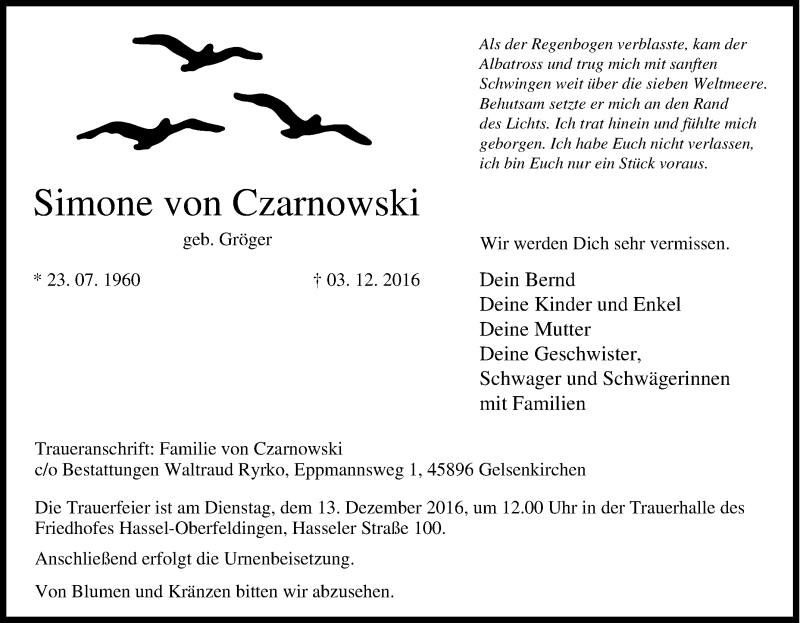  Traueranzeige für Simone von Czarnowski vom 08.12.2016 aus Tageszeitung