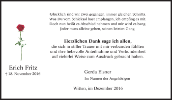 Traueranzeige von Erich Fritz von Tageszeitung