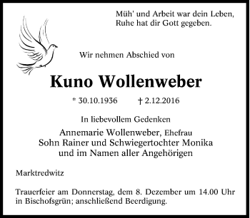 Traueranzeige von Kuno Wollenweber von Tageszeitung