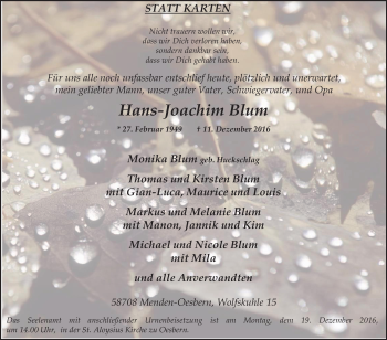 Traueranzeige von Hans Joachim Blum von Tageszeitung