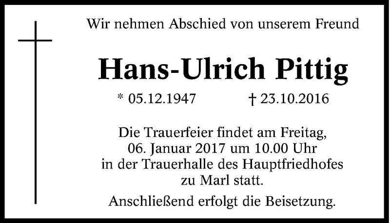  Traueranzeige für Hans-Ulrich Pittig vom 31.12.2016 aus Tageszeitung