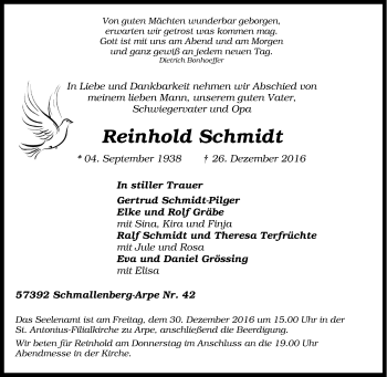 Traueranzeige von Reinhold Schmidt von Tageszeitung