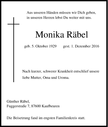 Traueranzeige von Monika Räbel von Tageszeitung