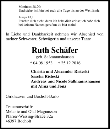 Traueranzeige von Ruth Schäfer von Tageszeitung