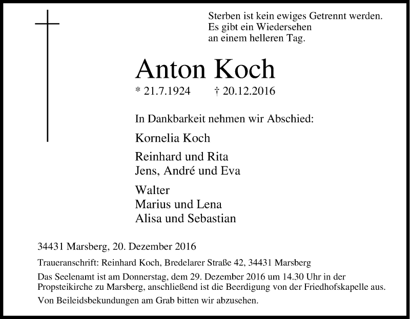  Traueranzeige für Anton Koch vom 23.12.2016 aus Tageszeitung