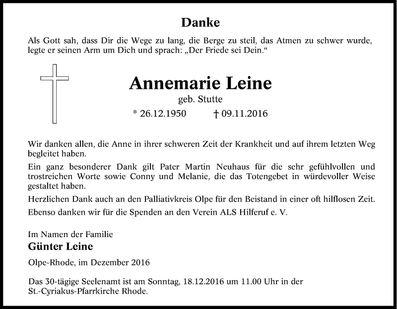  Traueranzeige für Annemarie Leine vom 14.12.2016 aus Tageszeitung
