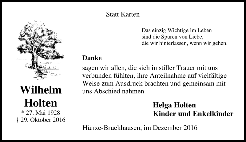  Traueranzeige für Wilhelm Holten vom 03.12.2016 aus Tageszeitung