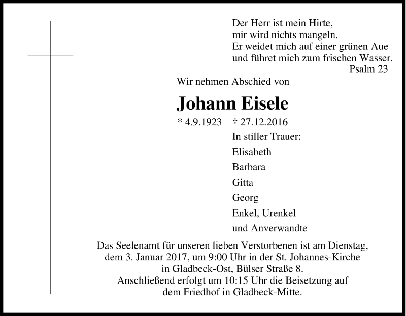  Traueranzeige für Johann Eisele vom 30.12.2016 aus Tageszeitung