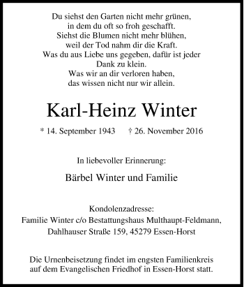 Traueranzeige von Karl-Heinz Winter von Tageszeitung