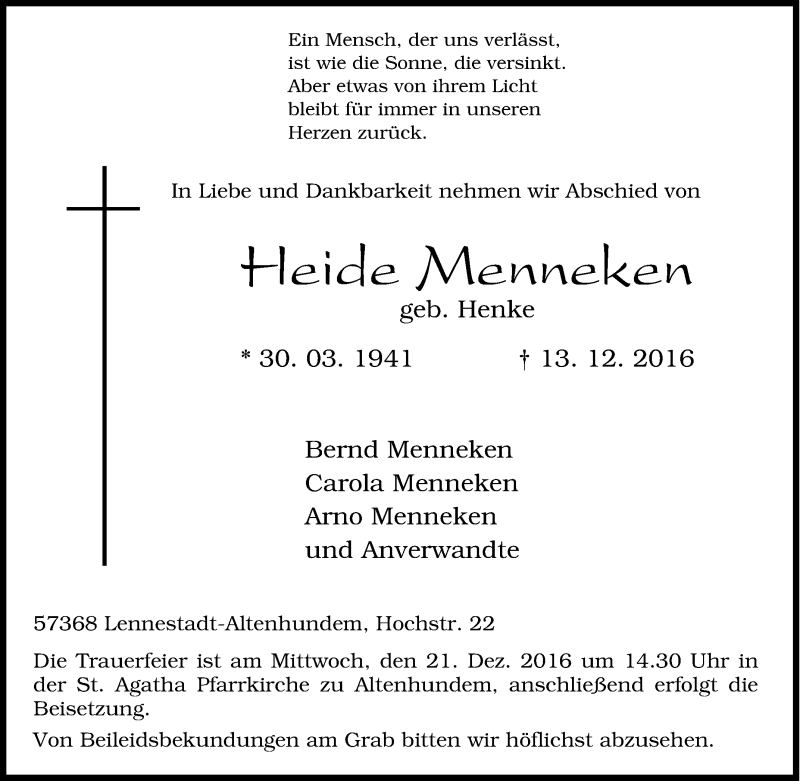  Traueranzeige für Heide Menneken vom 16.12.2016 aus Tageszeitung