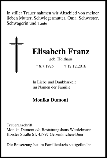 Traueranzeige von Elisabeth Franz von Tageszeitung