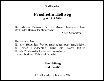 Traueranzeige von Friedhelm Hellweg von Tageszeitung