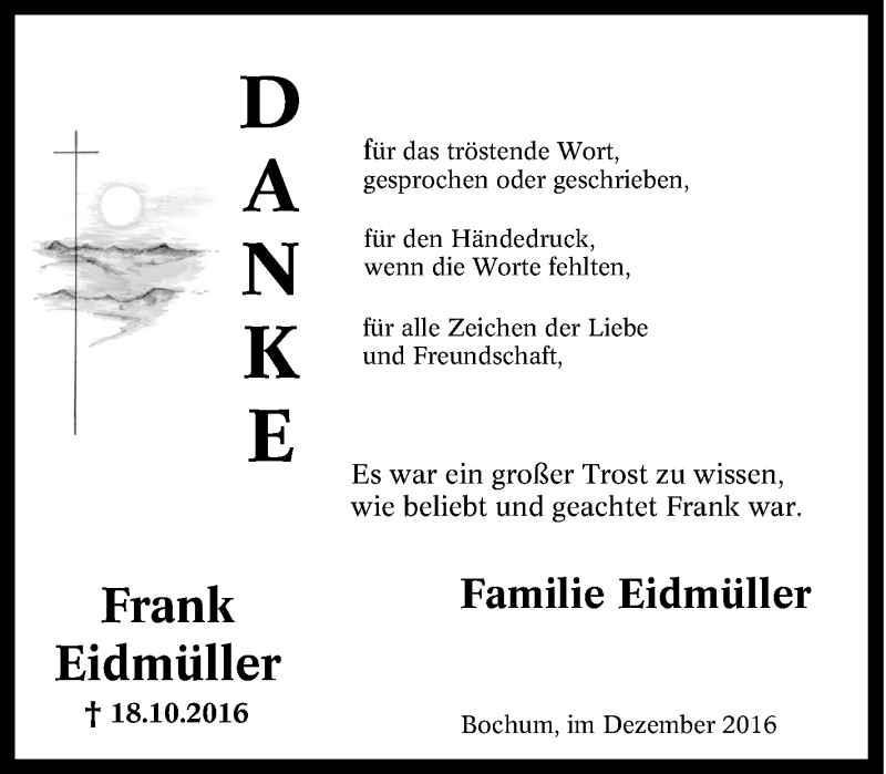  Traueranzeige für Frank Eidmüller vom 03.12.2016 aus Tageszeitung