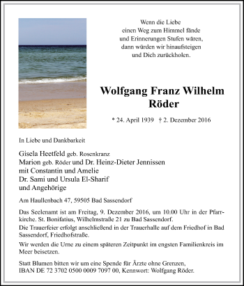 Traueranzeige von Wolfgang Franz Wilhelm Röder von Tageszeitung