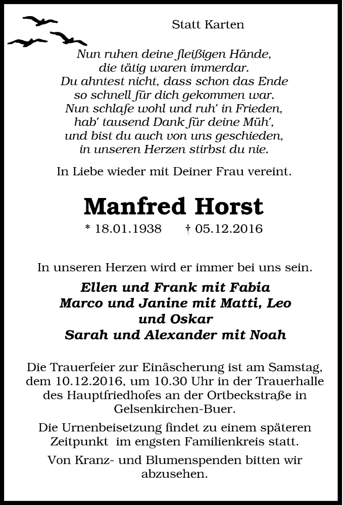  Traueranzeige für Manfred Horst vom 08.12.2016 aus Tageszeitung