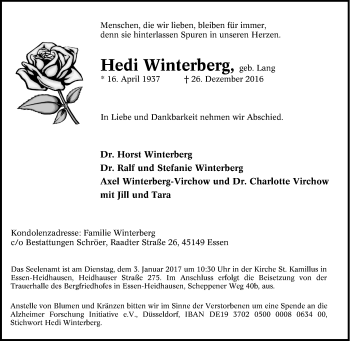 Traueranzeige von Hedi Winterberg von Tageszeitung